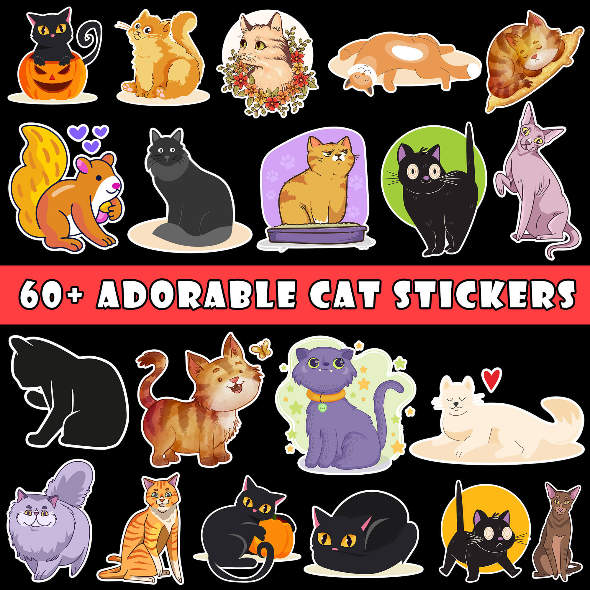 Cat Stickers - Playful Cat Illustrations in PNG Format