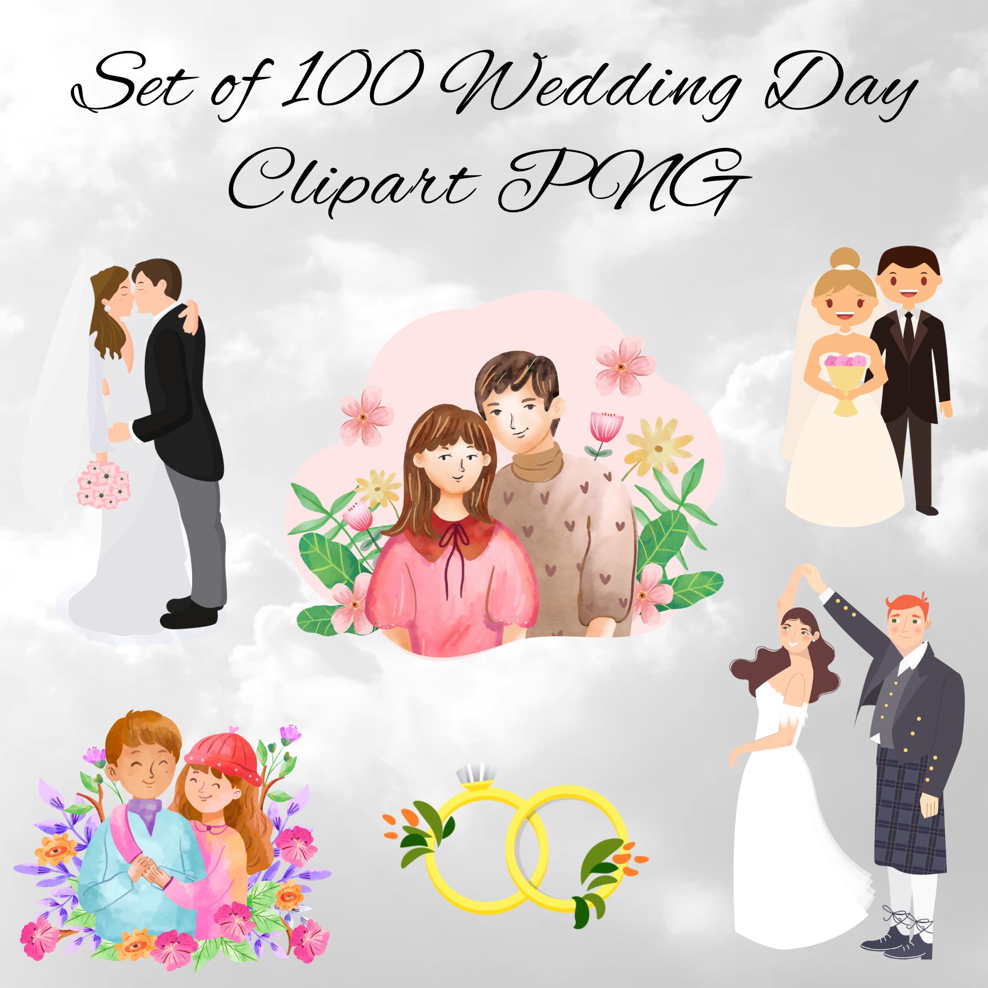 Cute Wedding Clipart collection featuring 100 high-quality PNG and SVG files