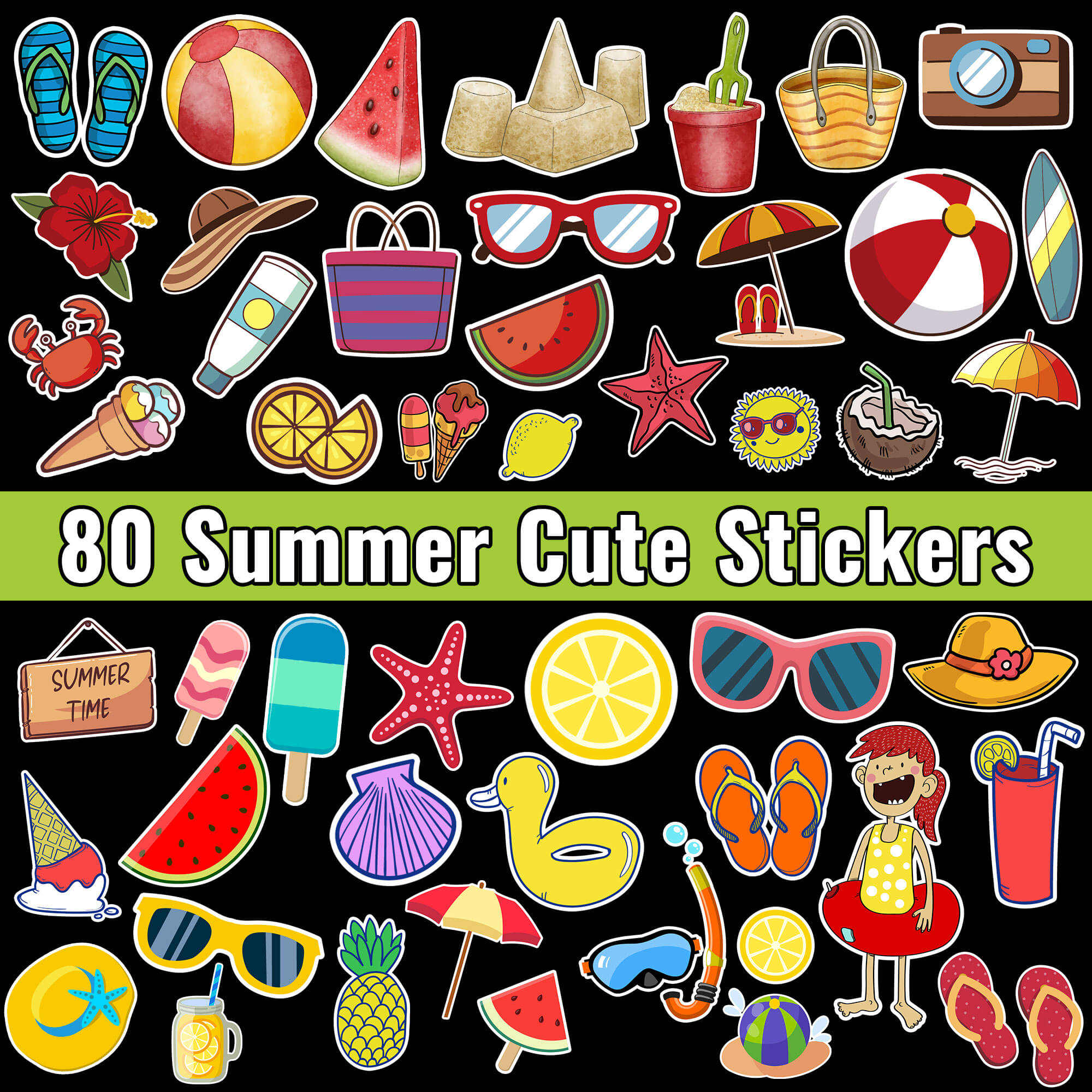 Summer-themed digital stickers – tropical fruits, sunshine, beach elements