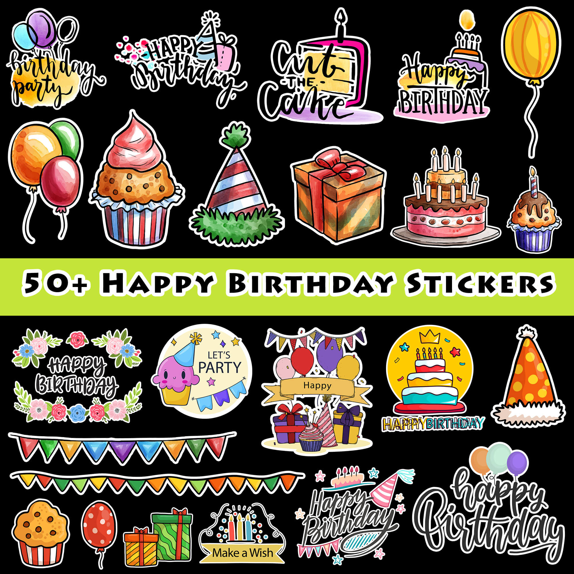 Happy Birthday Typography Stickers - PNG Files