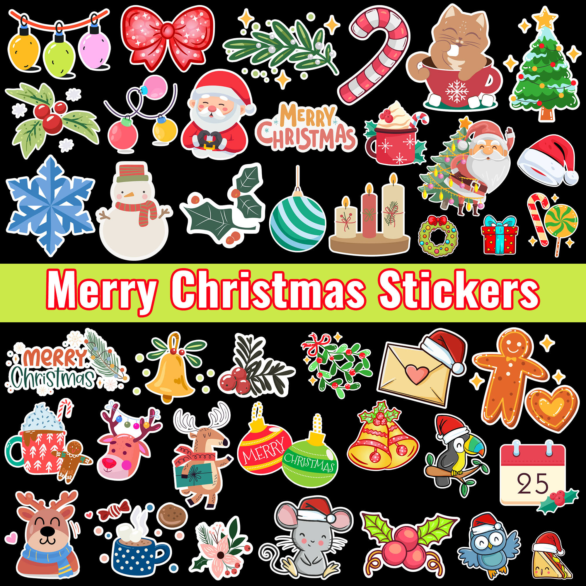 Christmas holiday stickers pack with Santa, snowflakes, and reindeer designs