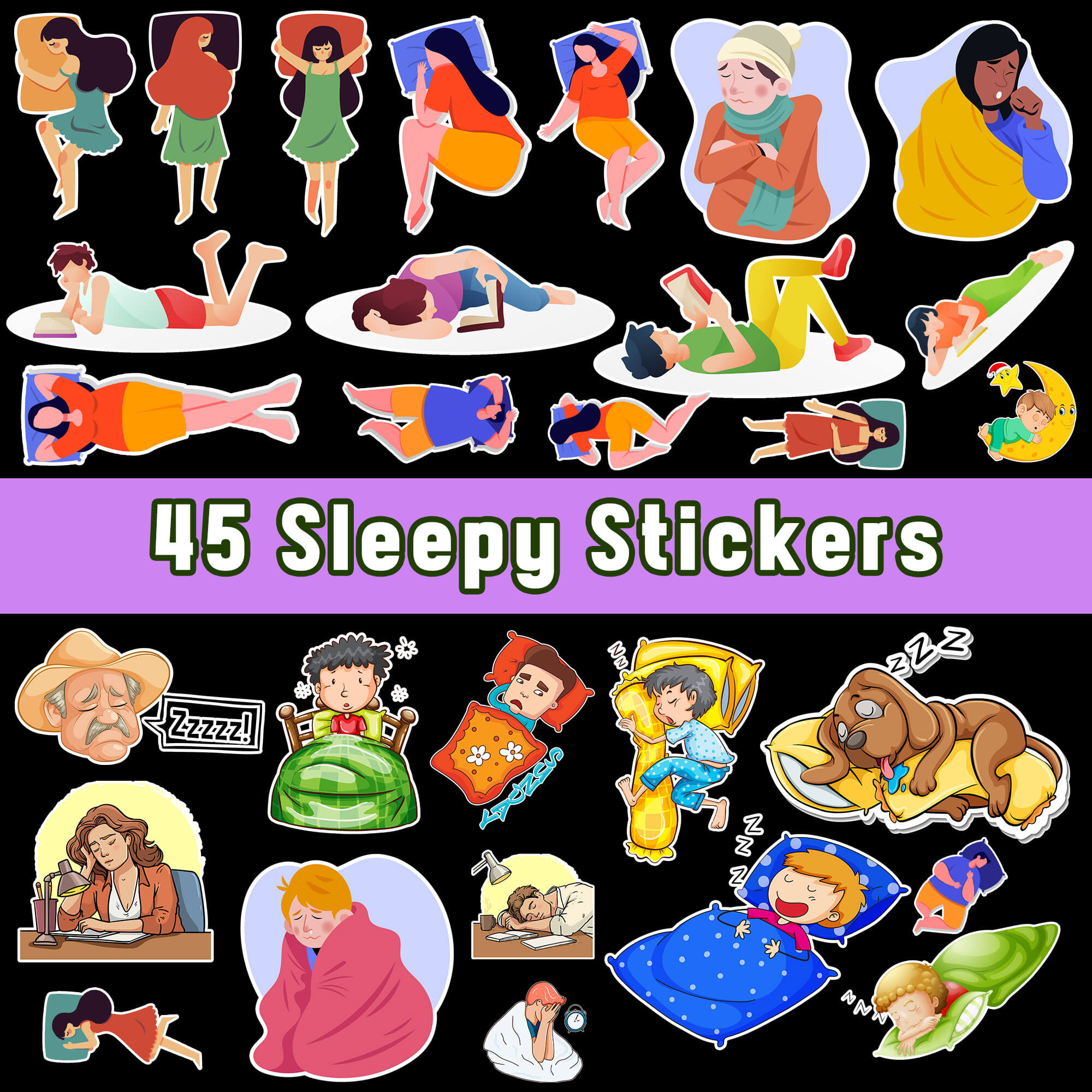 Trending Sleepy Stickers Pack – Cute Yawning Faces & Moon PNG