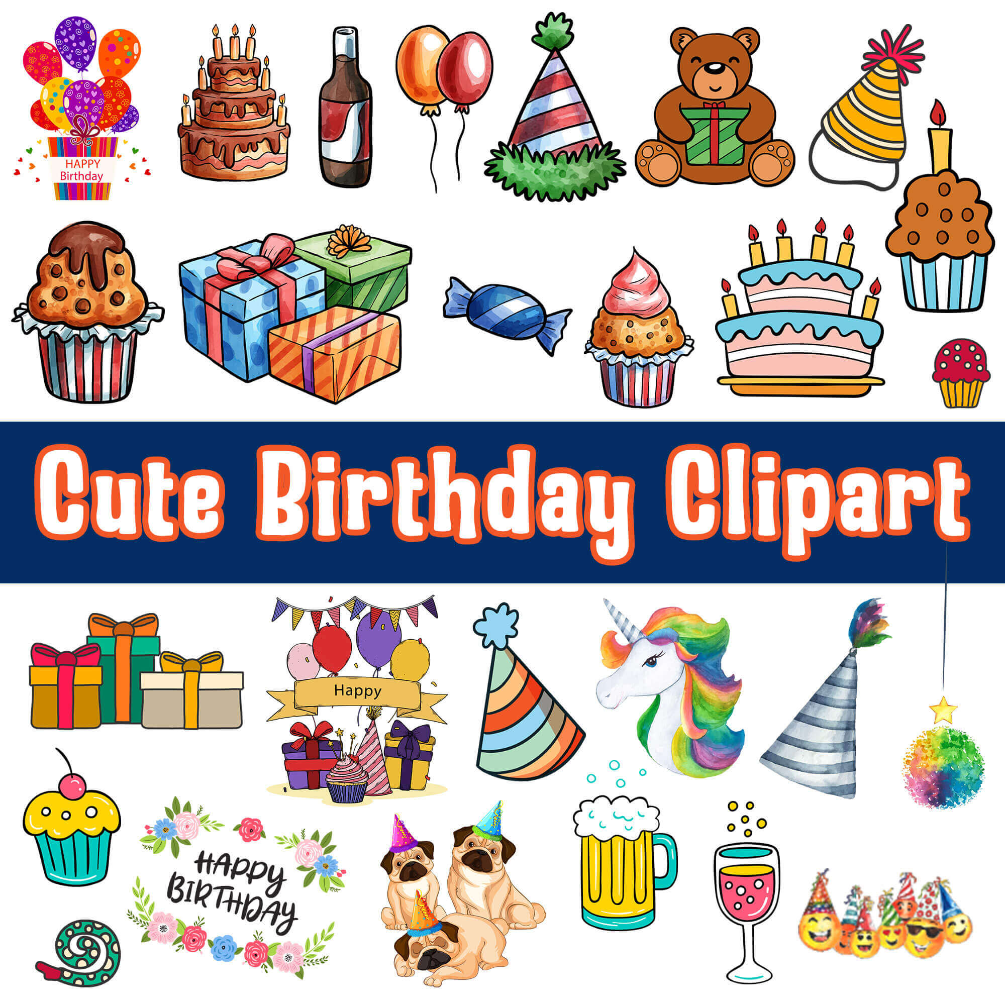 Birthday Clipart - Balloons and Cake Design (PNG & SVG)