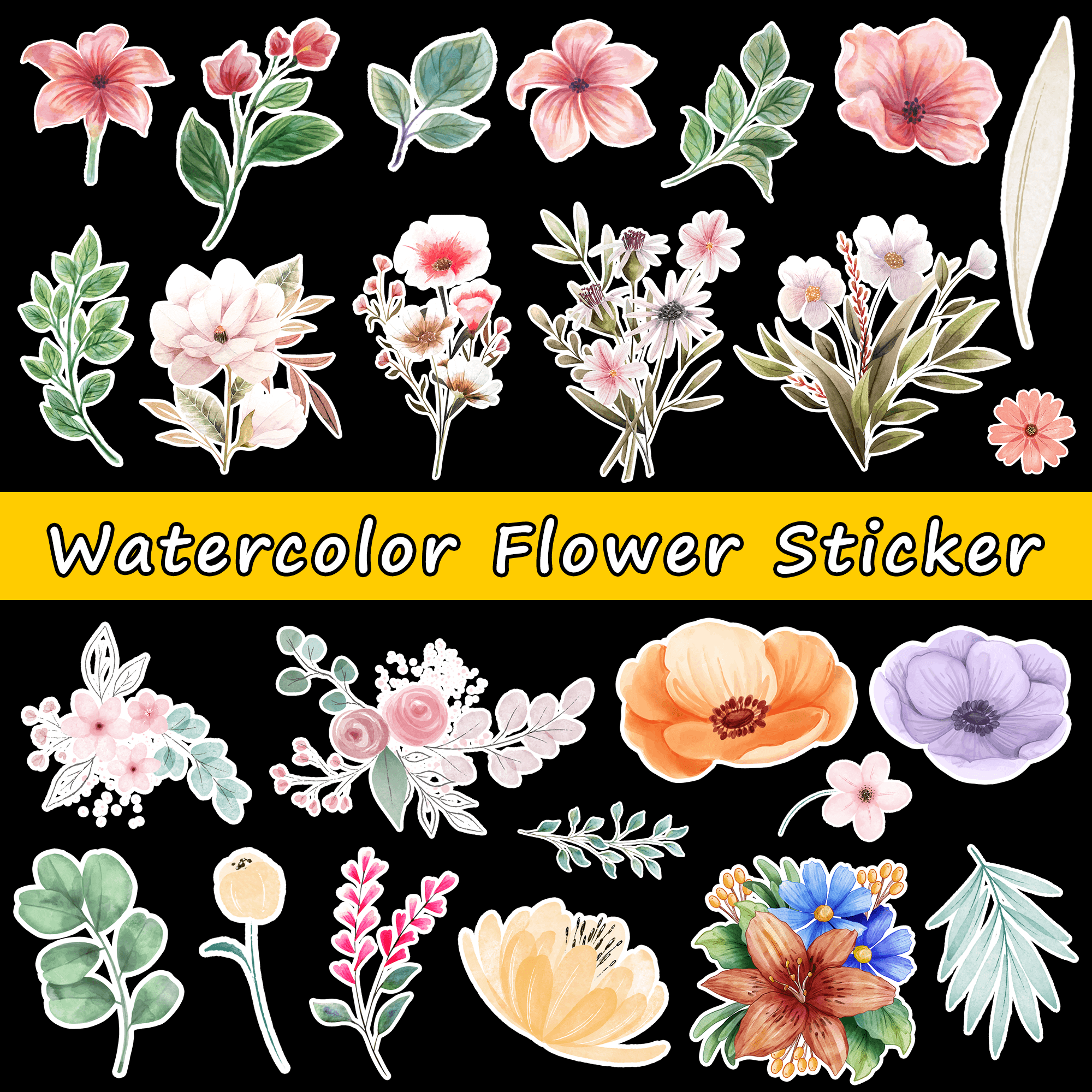 Watercolor Flowers Stickers - Rose Design PNG