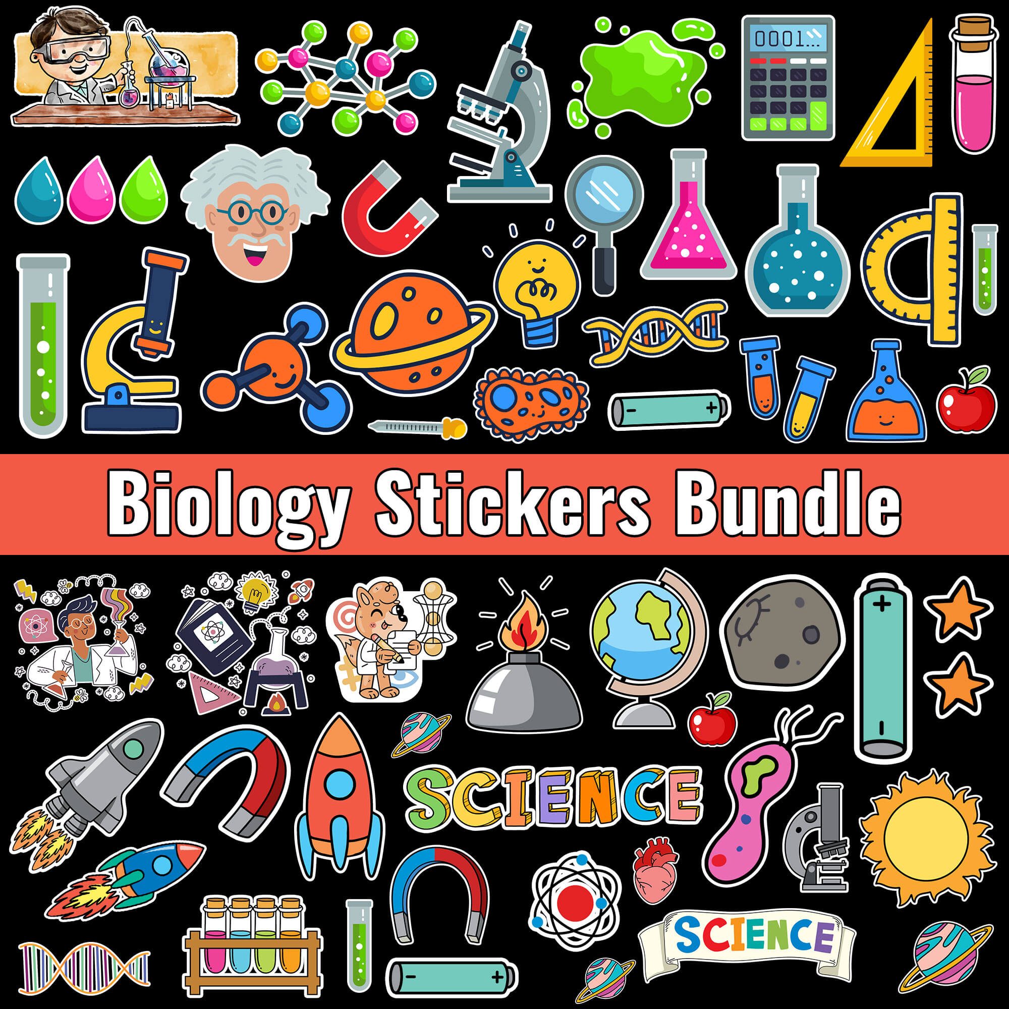 Biology stickers pack with cells, DNA, plants, and anatomy designs