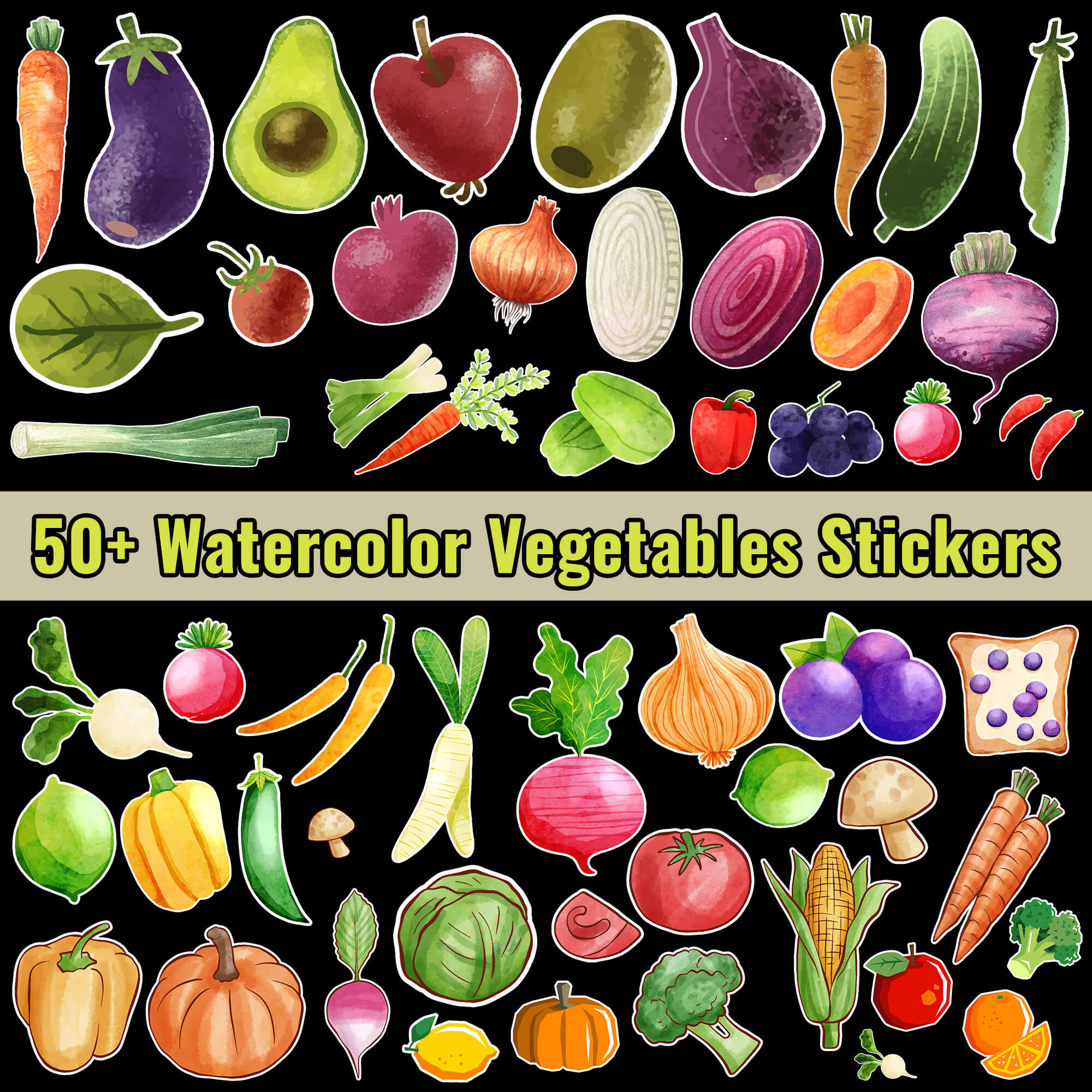 Watercolor vegetable digital stickers – carrot, tomato, broccoli PNG