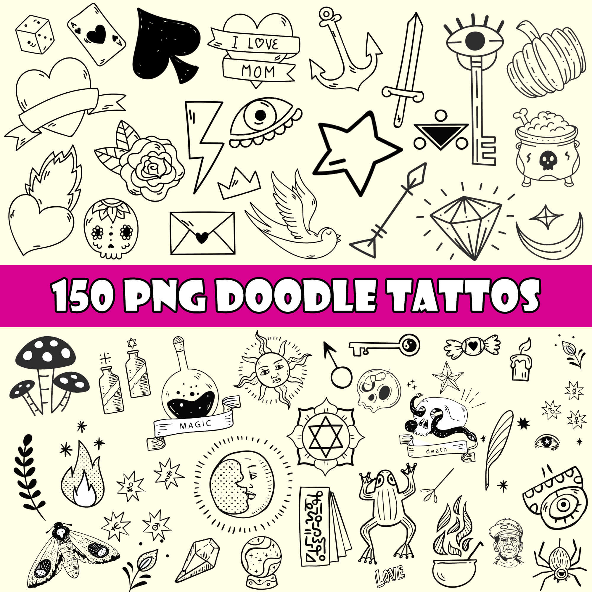 150 PNG Doodle Tattoo Clipart Files