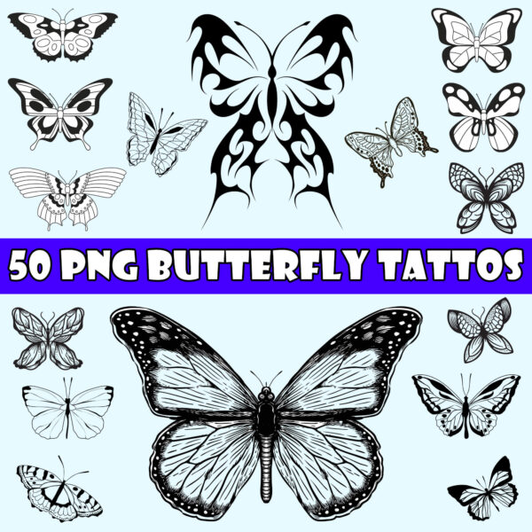 50 Butterfly Tattoo Clipart PNG Files – High-Quality Digital Download