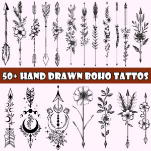 Hand-Drawn Boho Arrow Tattoo Clipart PNG Files – Unique Boho Tribal Arrow Designs