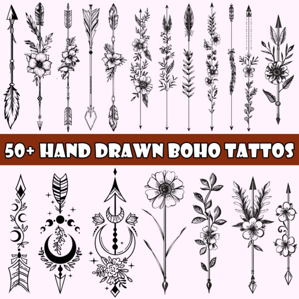 Hand-Drawn Boho Arrow Tattoo Clipart PNG Files – Unique Boho Tribal Arrow Designs