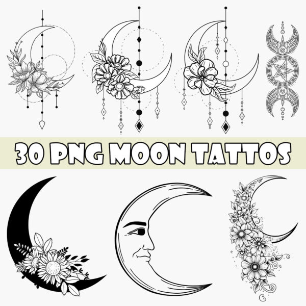 Moon Tattoo Clipart Bundle – 50+ High-Quality PNG Files