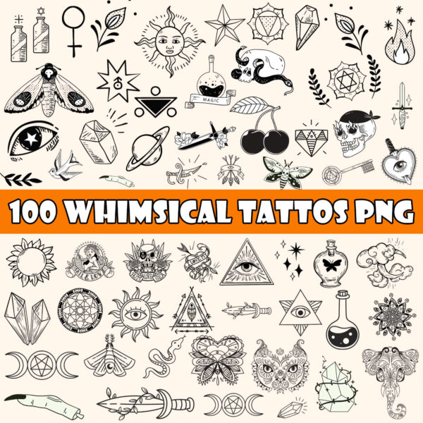 Whimsical Tattoo Clipart PNG Bundle – Unique Hand-Drawn Tattoo Designs for Procreate & More