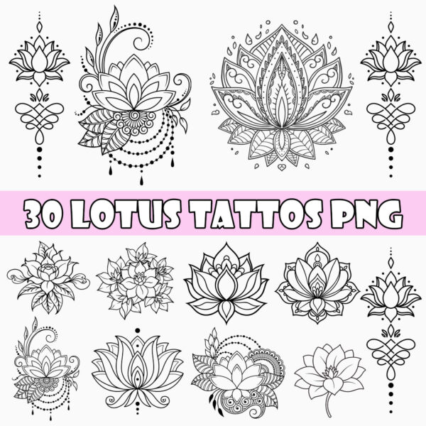 Lotus Tattoo Clipart Bundle – 50+ High-Resolution PNG Designs for Tattoo Artists, Print-on-Demand & Crafters